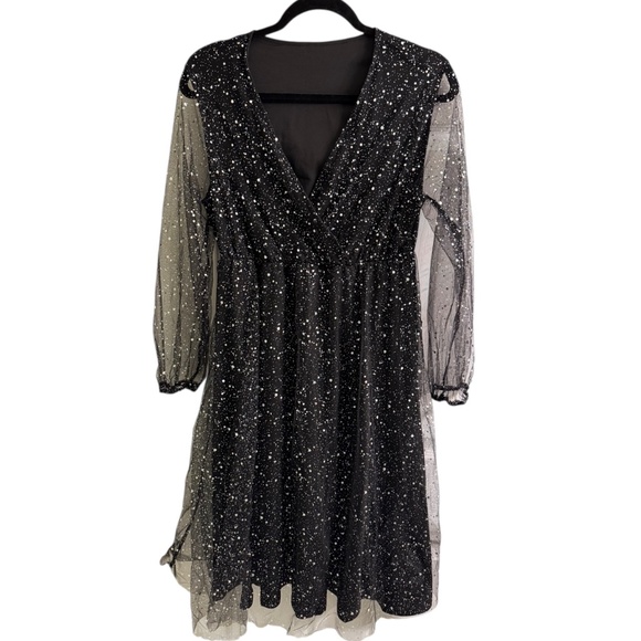 Women’s Shiny Mesh Lantern Sleeve Dress - Picture 9 of 13